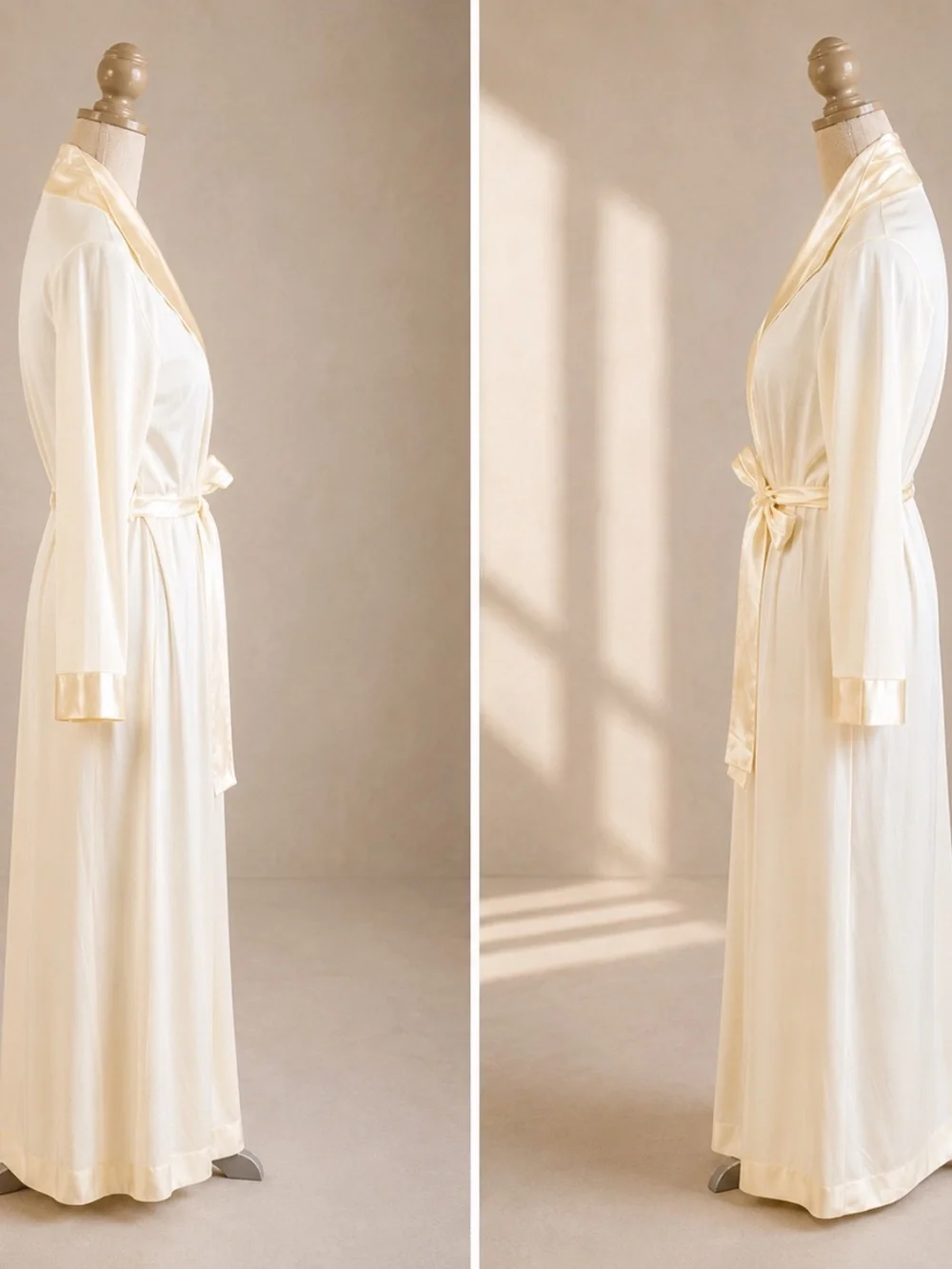 Vintage Ivory Satin Trim Long Robe Womens M Loungewear Elegant Feminine Bridal